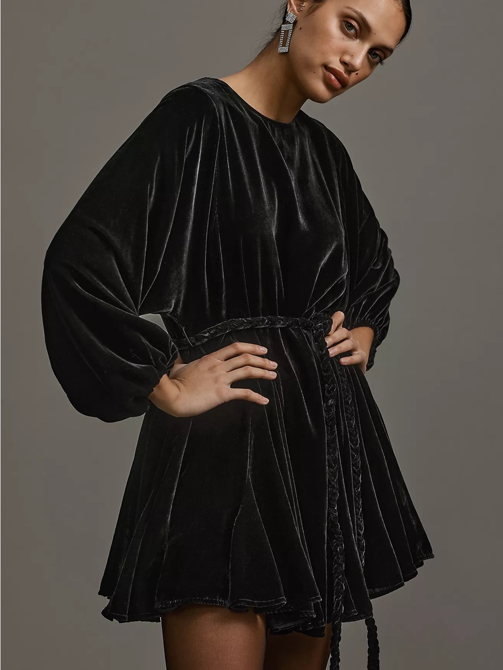 Rhode Velvet Long-Sleeve Mini Dress - Black